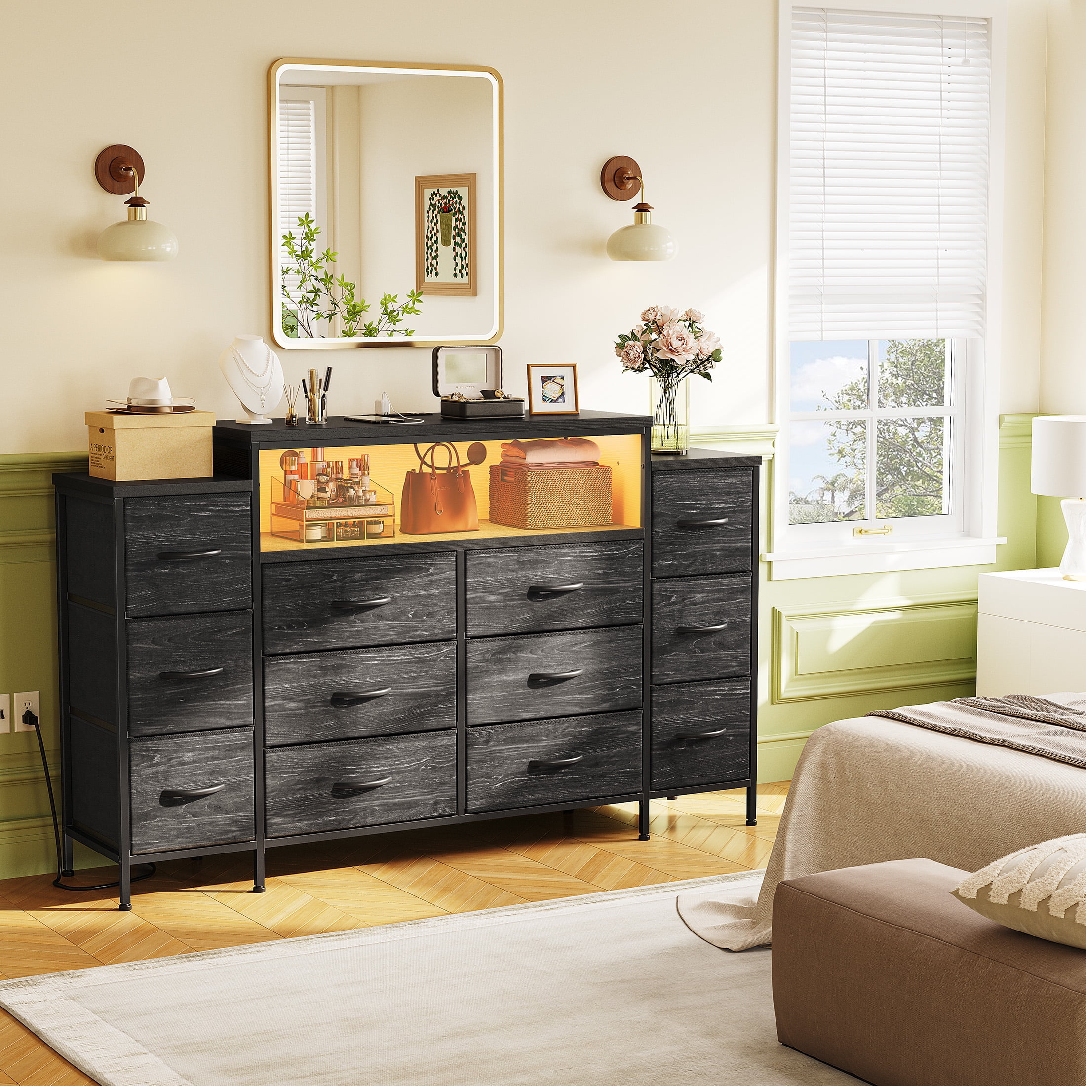 EnHomee 55" W Black Dressers for Bedroom with LED Lights & Charging Station 12 Drawer Fabric Dressers,11.8"D x 33.5"H