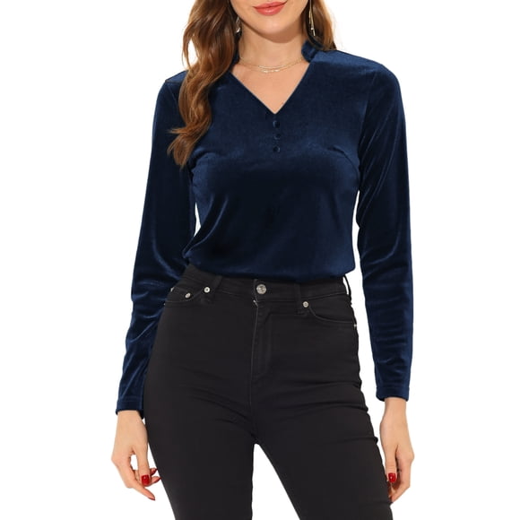 INSPIRAR CHIC Blusa de terciopelo de mujer con cuello en V y mangas largas S azul marino