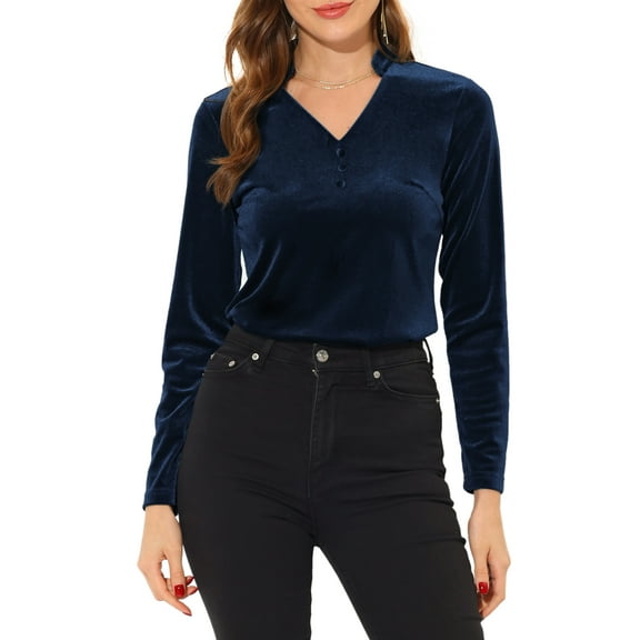 INSPIRE CHIC Women's Velvet V Neck Long Sleeve Blouse Top XS Navy Blue