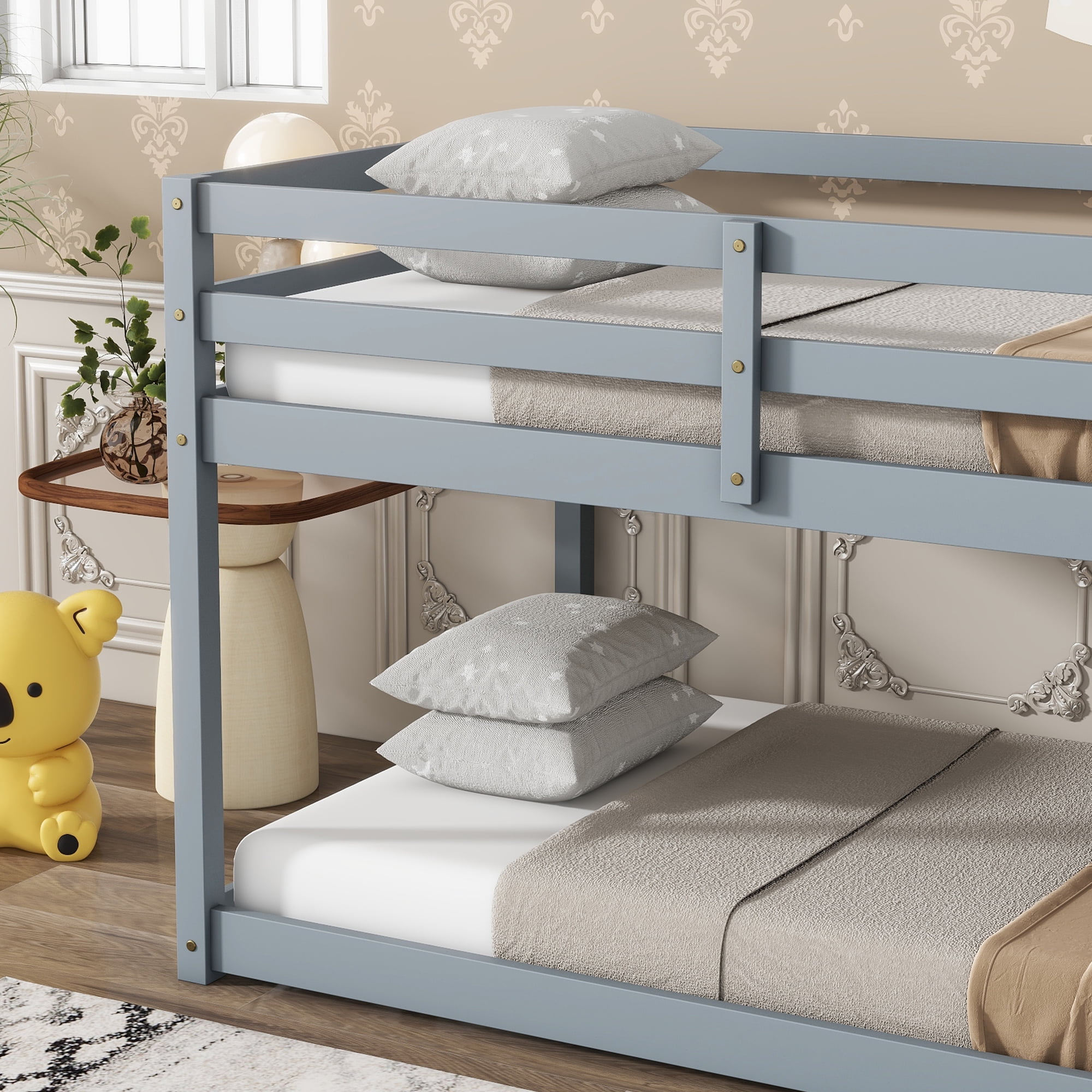 Sailvan Floor Bunk Bed Twin Over Twin, Solid Wooden/Solid Rubber, Upper Bed Platforms crafted with Strengthened Slats