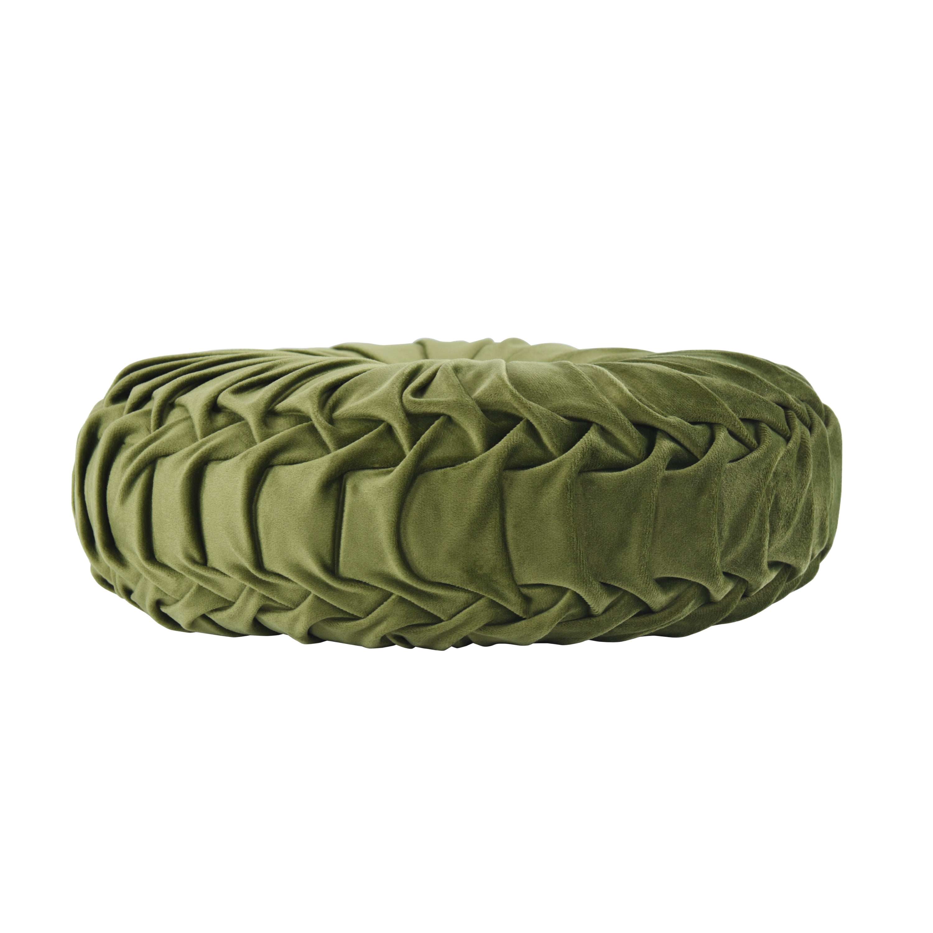 HIG Set of 2 Pumpkin Pleated Round Throw Pillows, Soft Velvet, Olive, 14.5" Diameter