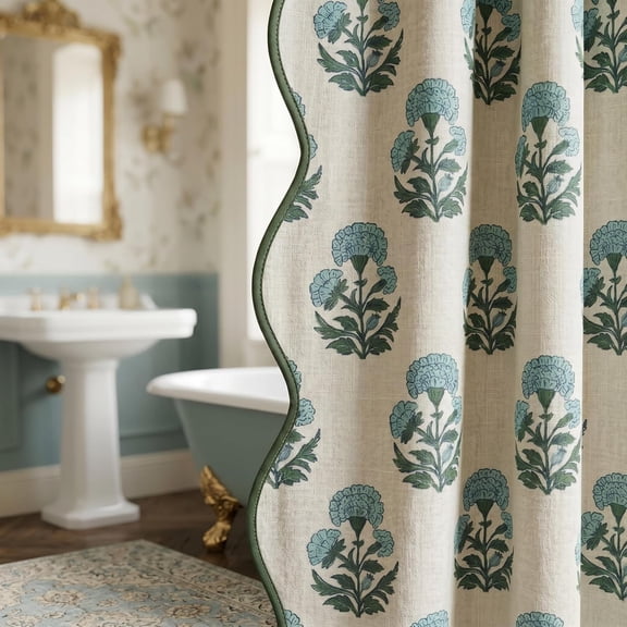 Blue Marigold Linen Textured Shower Curtain with 12 Hooks 72 in W x 72 in L Vintage Floral Pattern
