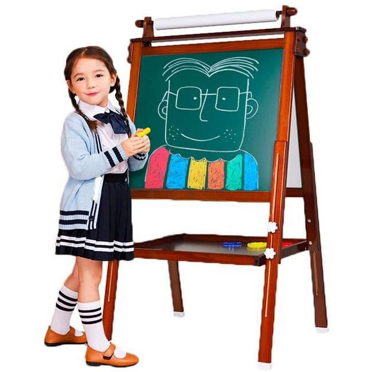 DLone Easel for Kids with 1 Drawing Paper Roll, Wooden Art Easel  Double-Sided Whiteboard and Chalkboard Adjustable Standing Easel,Magnetics,  Numbers