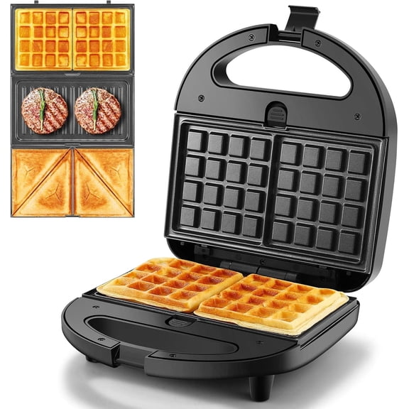 Visualz 3-in-1 Sandwich Maker with Removable Plates, Panini Press, Waffle Maker, Non-Stick, 750W Compact Breakfast Grill for Sandwiches, Waffles, Steak, Black
