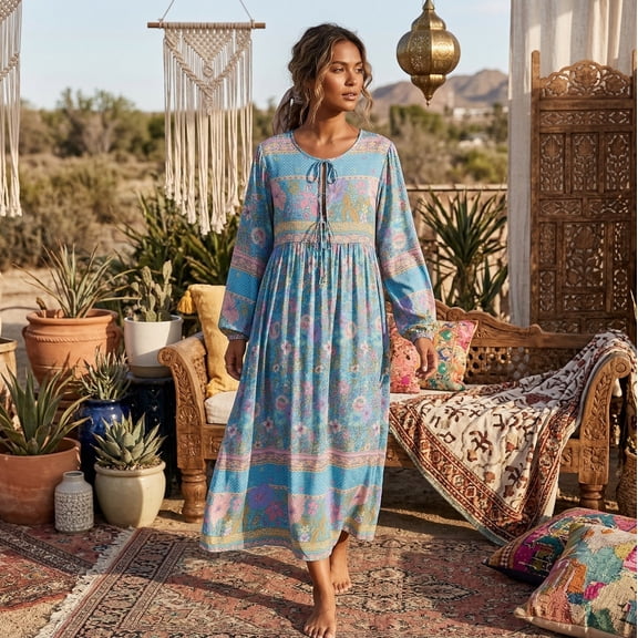 Spring Summer Women Tie Neck Ethnic Floral Print Beach Bohemian Maxi Dresses Ladies Ruffles Pleated Boho Dress Robe Vestidos