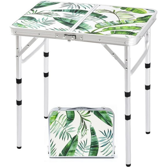Folding Camping Table 2ft Portable Pinic Table Adjustable Height Small Card Table Aluminum Foldable Lightweight with Carry Handle for Outdoor Indoor Hiking Camp BBQ Beach (Monstera Palm Leaves)