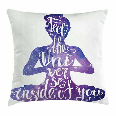 Yoga Throw Pillow Cushion Cover, Female Silhouette with Watercolor Space Design Inspirational Quote Meditation, Decorative Square Accent Pillow Case, 16 X 16 Inches, Violet and White, by