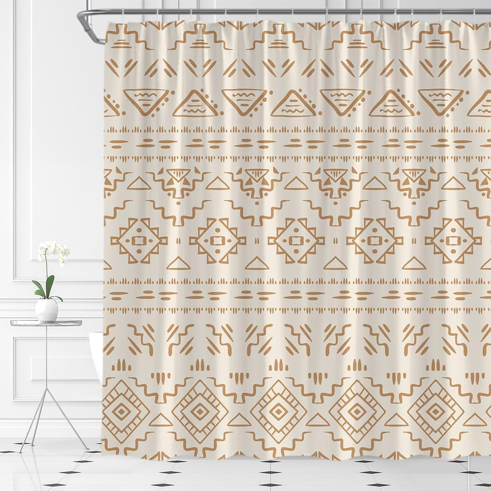 Boho Geometric Shower Curtain Beige Brown Modern Farmhouse Tribal Retro Western Aztec Abstract Mid Century Art Fabric Bathroom Curtains Decor Set with Hook(72" WX72 H)