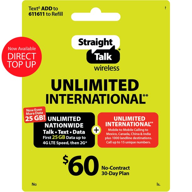 Straight Talk 60 Unlimited International 30Day Plan Direct Top Up