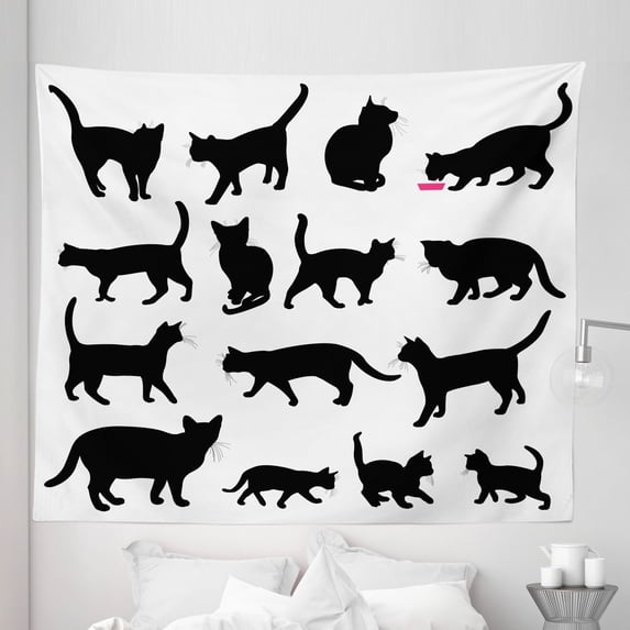 Cat Tapestry, Black Cat Silhouettes in Different Poses Domestic Pets Kitty Paws Tail and Whiskers, Fabric Wall Hanging Decor for Bedroom Living Room Dorm, 5 Sizes, Black White, by Ambesonne