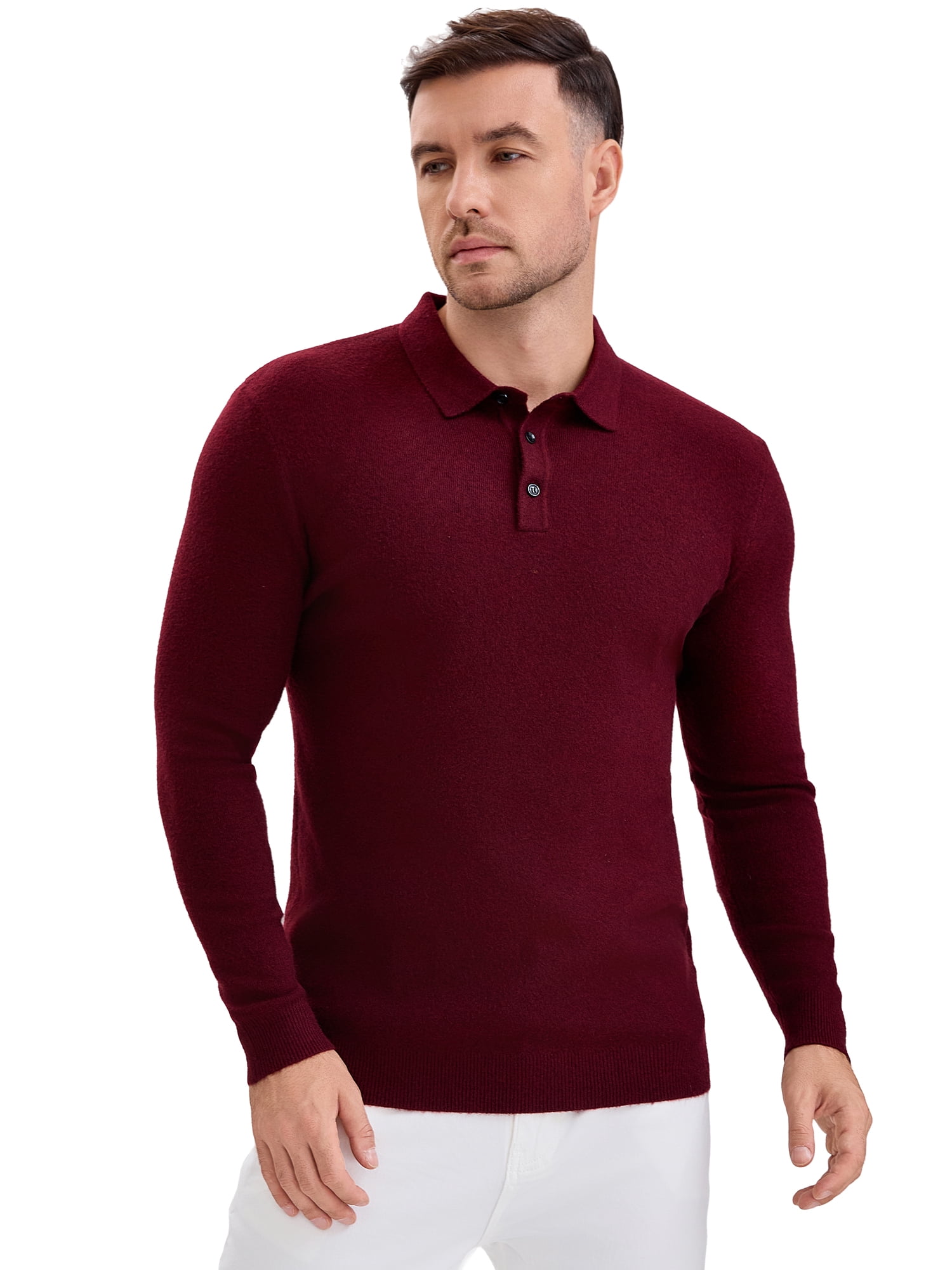 DARING DIVA Men's Long Sleeve Pullover Business Knitted Polo Shirt M Burgundy