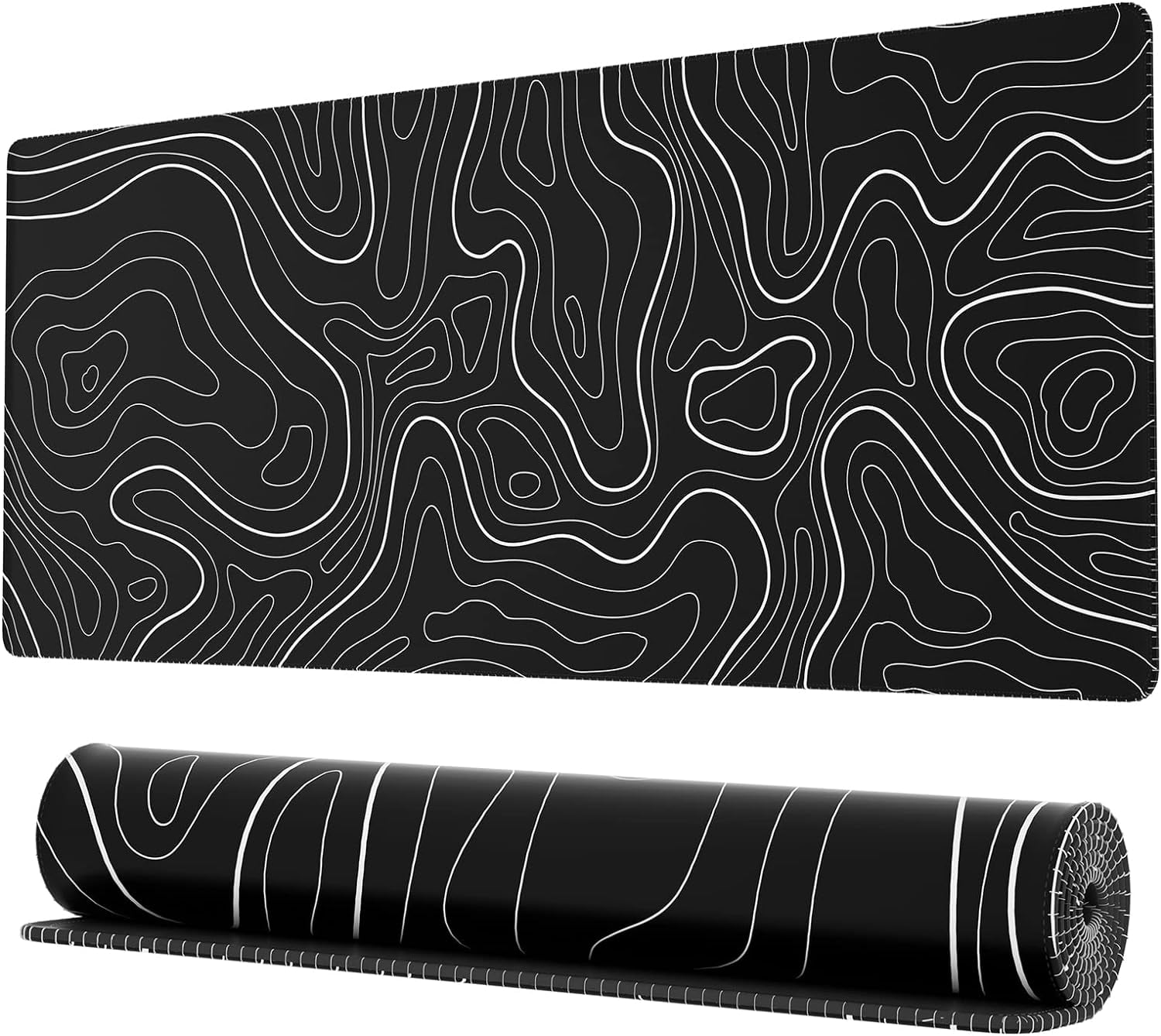Large Gaming Mouse Pad with Stitched Edges, Minimalist Topographic Map Mouse Pad, Extended XL Mousepad with Anti-Slip Base, Cool Mouse Pad for Keyboard and Mouse, 35.4 x 15.7 in, Black