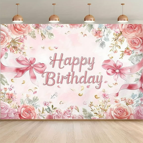 Pink Rose Birthday Backdrop for Women Girls Elegant Pink Floral Happy Birthday Photography Background Pink Rose Bow Golden Glitter Leaves Birthday Party Decorations Banner Supplies Photo Booth Props