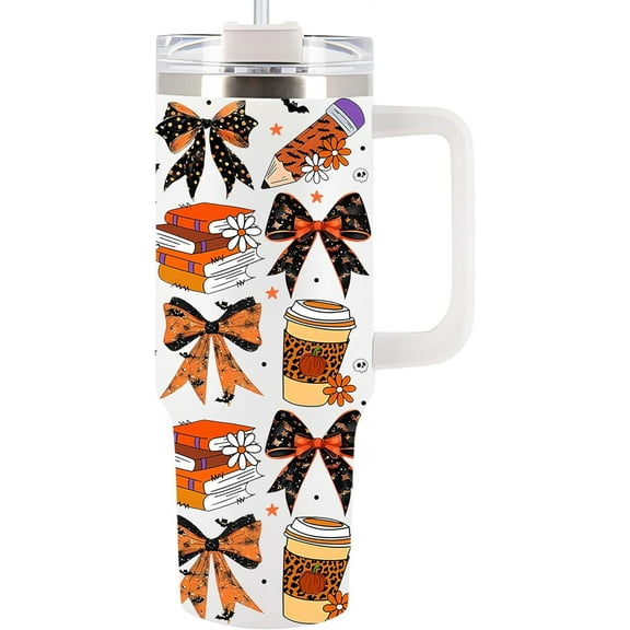 Tumbler 40Oz With Handle For Women, Men - Fall Cup, Spirit Halloween Cup For Mom, Sister - Halloween Kitchen Decor, Ghost Tumbler, Funny Spooky Gift For Friend, Coworker (Black Coquette)