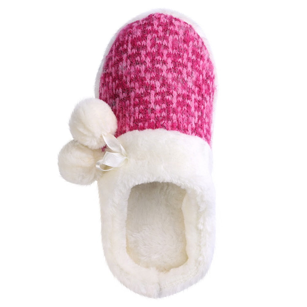 Women’s Pearly Pom Indoor Slip-On Slippers – Plush Knit Cozy House Shoes with Non-Slip Sole