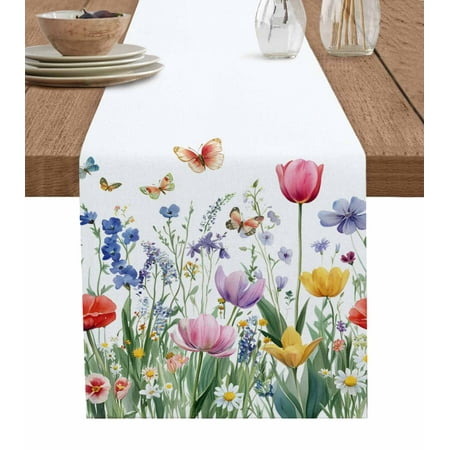 

Table Runner Dresser Scarf 16 x 72 Inch Spring Floral Watercolor Red Yellow Blue Flowers Butterfly Table Runners Non-Slip Heat Kitchen Dining Table Decor for Indoor Outdoor Home Party Decoration