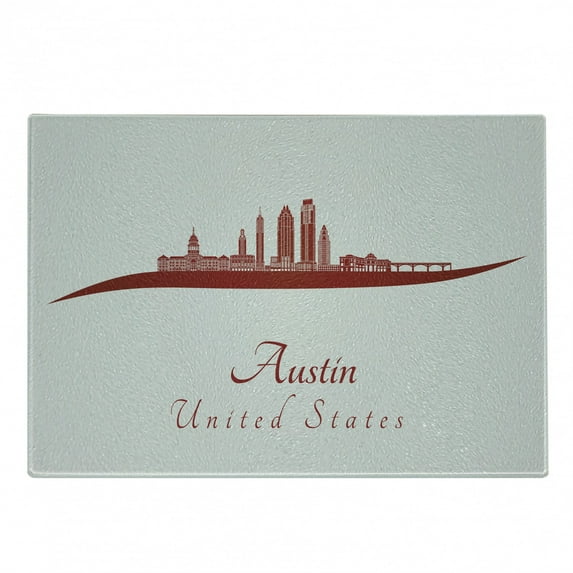 Austin Cutting Board, Illustration of United States Calligraphy with Modern City Skyline, Decorative Tempered Glass Cutting and Serving Board, in 3 Sizes, by Ambesonne