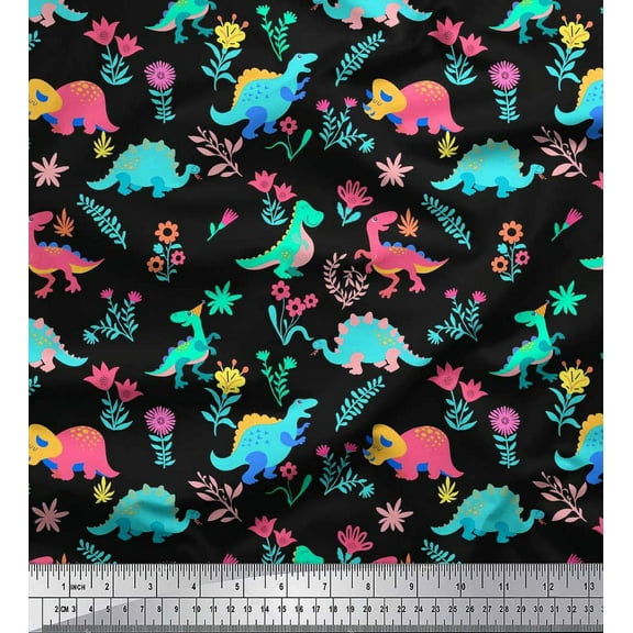 Soimoi Black Cotton Duck Fabric Aster Flower & Dinosaur Kids Fabric Prints By Yard 42 Inch Wide