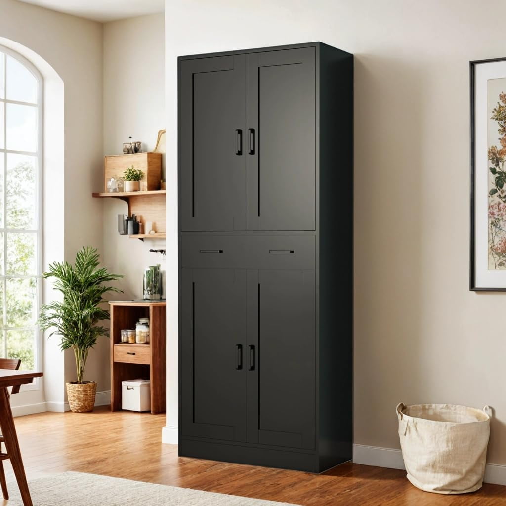 DIYART Black Kitchen Pantry Cabinet, 71" Tall Kitchen Storage Cabinet with doors and Drawer