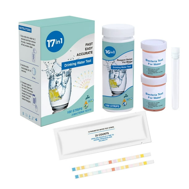 Popular!Kits de prueba de agua premium 17 en 1 para agua potable 100 tiras + 2 pruebas de Escherichia coli Prueba de calidad del agua en el hogar Prueba fácil de agua de pozo y del grifo