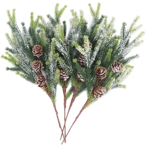4 Pack 14" Snowy Artificial Cypress Pine Needles Branches Fake Frosted Pine Picks Greenery Christmas Tree Sprays with Pinecones Stems for Holiday Seasonal Arrangement White Winter Décor