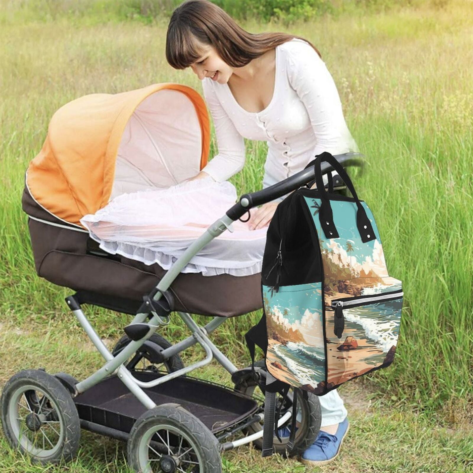 Ratiio Coastal Palm Beach Mummy Backpack - Waterproof Twill Canvas, Large Capacity Diaper Bag with Multiple Pockets and Adjustable Straps