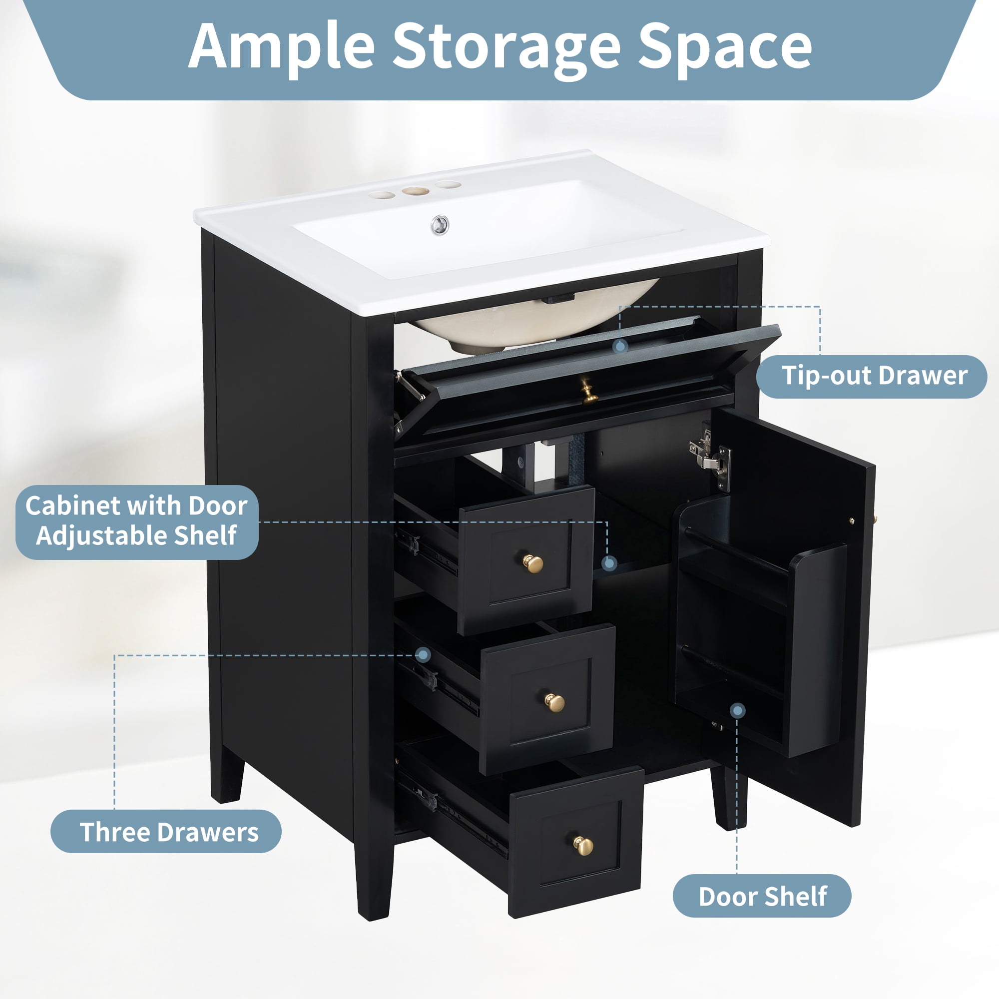 RONSHIN 24-inch Black Bathroom Vanity with Sink, 3 Drawers, Modern Design