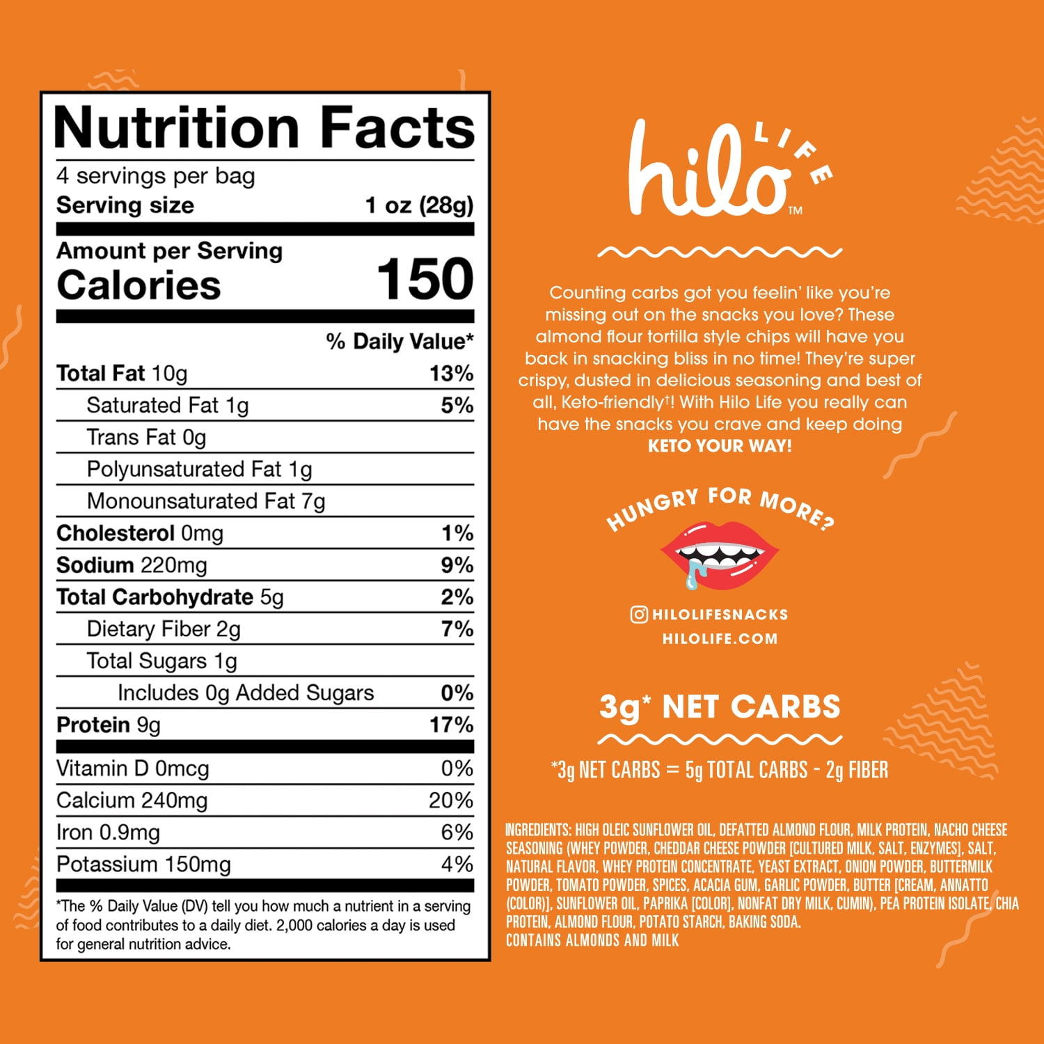 Hilo Life Low Carb Keto Friendly Tortilla Style Chips, Nacho Cheese, 4 oz