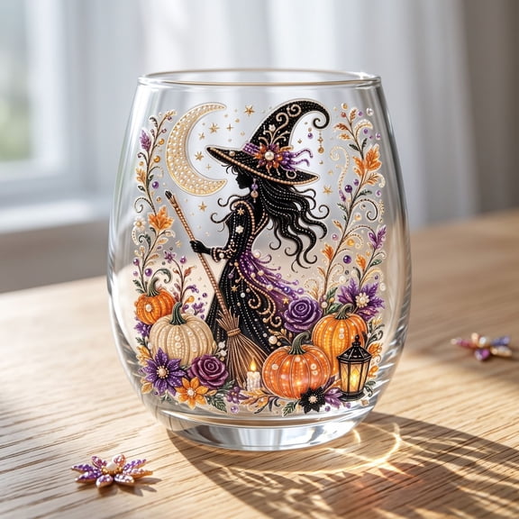 YuCaiWen,Halloween Stemless Wine Glass 2d Ghost Pumpkin Witch,Clear Tumbler Cup Spooky Fall Themed Drinking Glass For Cocktail