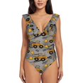 thumbnail image 2 of Yiaed Retro Excavator Print Women's Ruffled One Piece Swimsuit V Neck Swimwear Slimming Monokini for Woman-Small, 2 of 8