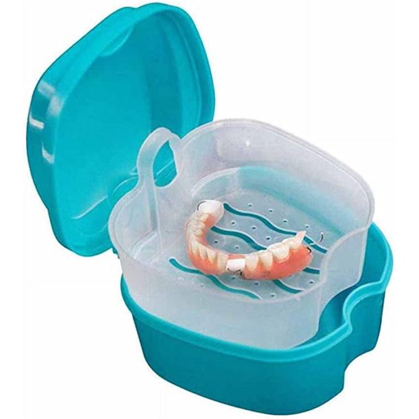 Caja de solución para baño de dentaduras postizas (azul claro, excluidas las dentaduras postizas), caja de retenedor de ortodoncia, caja de solución de baño de dentaduras postizas de plástico, juego d