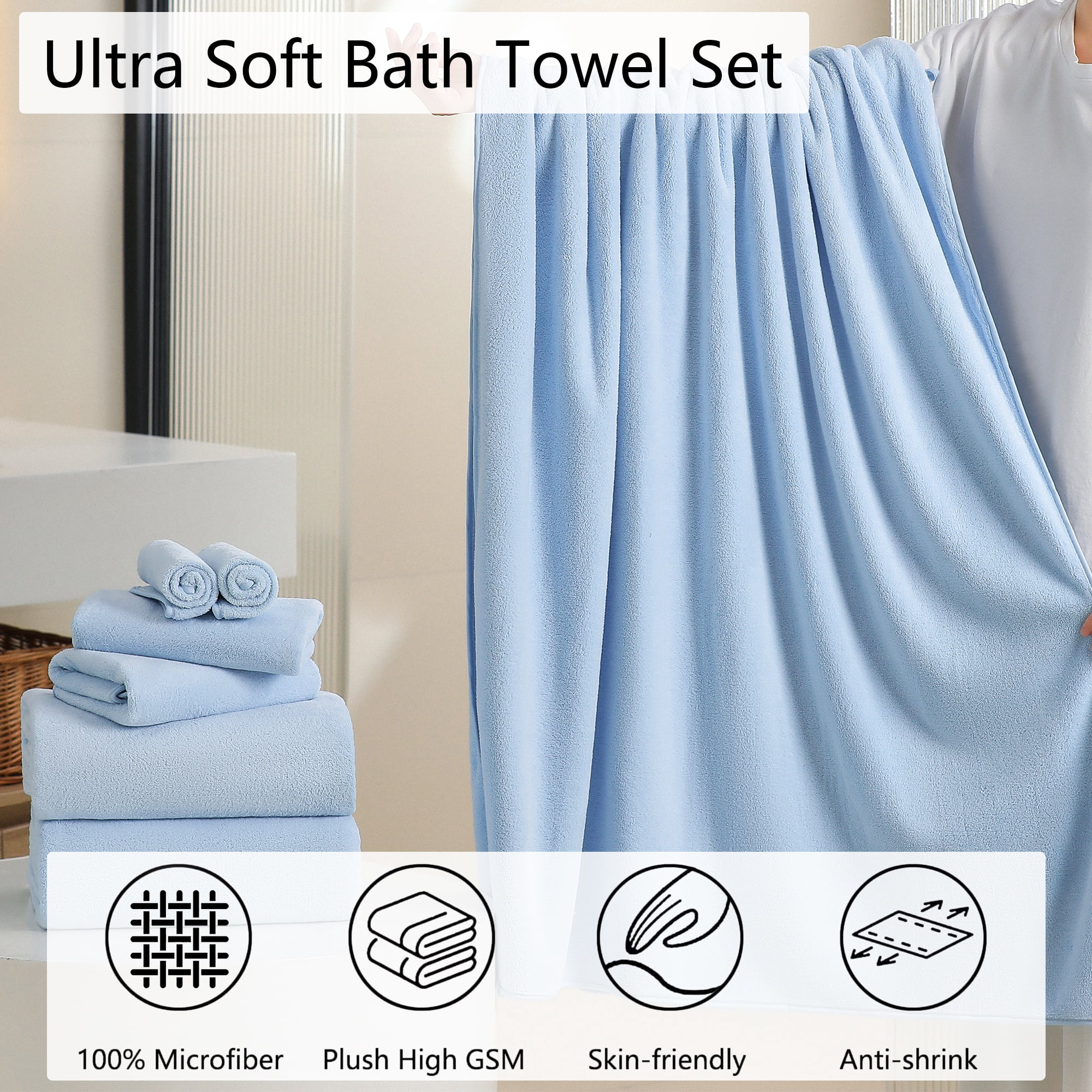 Jessy Home 4 Pack Oversized Bath Sheet Towels 700 GSM Ultra Soft Blue Bath Towel Set