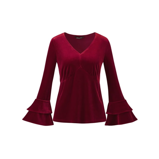 Blusa de terciopelo con cuello en V para mujer borgoña L