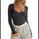 thumbnail image 1 of Blusa Informal Básica de Punto Acanalado, de Larga, Cuello Redondo y Corte Entallado para Mujer Gris Oscuro XL, 1 of 9