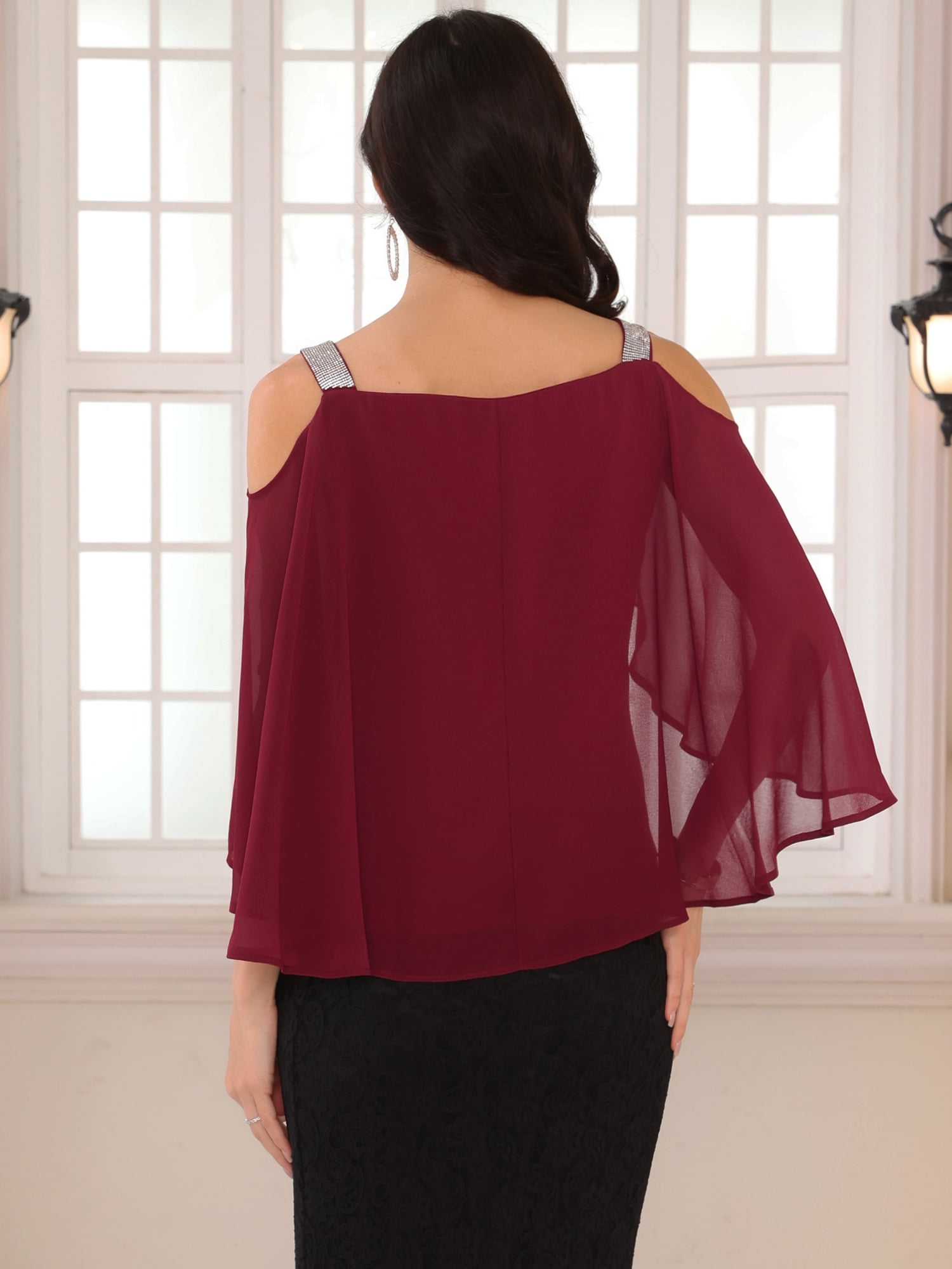 DARING DIVA Women's Cold Shoulder Sparkle Rhinestone Straps Blouse M Wine Red