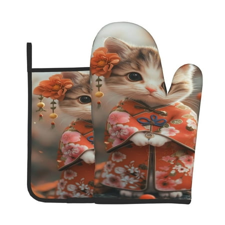 

Zeuib Adorable Kitten In Kimono Print Oven Mitt & Pot Holder Set 2-Pack Kitchen Gloves and Hot Pads for Cooking BBQ Grilling Baking