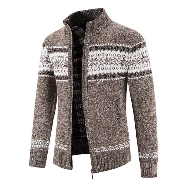 Cárdigan de punto grueso con forro polar para hombre, chaqueta tipo suéter con cremallera y cuello vertical para otoño e invierno, chaqueta con estampado de copos de nieve para hombre