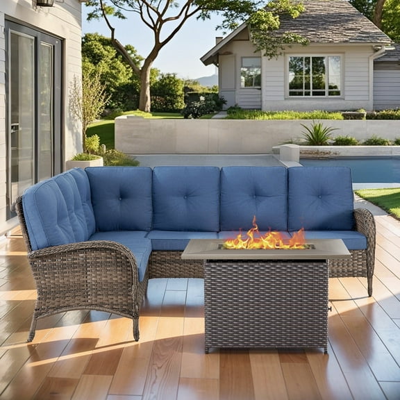 POCASSY Patio Sectional with Fire Pit, L Shaped Sectional Couch with All Weather Wicker and Olefin Fabric Cushion Cover, Patio Furniture Set with 50000 BTU Fire Pit Table Ideal for Porch in Blue