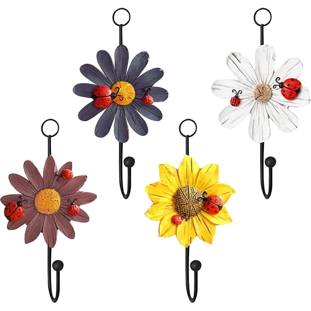 Paquete de 4 ganchos de hierro con margaritas y flores Vintage, ganchos de pared decorativos, ganchos de pared de resina para colgar Qi Cheng