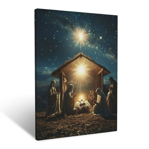 CozyNet A Depiction Of The Nativity Glowing With A Bright Star In The Sky Wall Art Prints With Frame Canvas Perfect for Living Room & Bedroom, Ready to Hang, Wall Decor 12"x16"