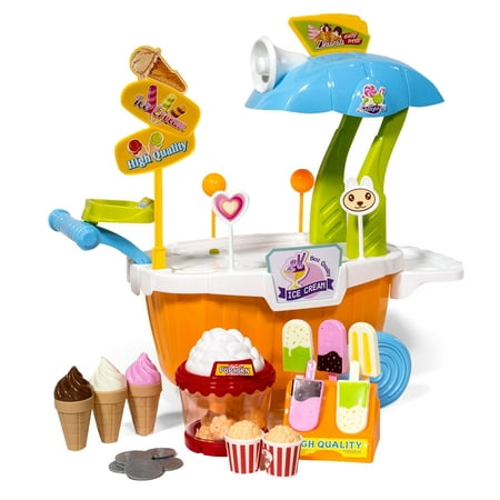 ihubdeal  Toy Ice Cream Cart Pretend Play Set for Kids with Ice Cream Trolley, Assorted Play Foods — Ice Cream Cones, Popsicles and Popcorn and more (Best Way To Store Ice Cream)