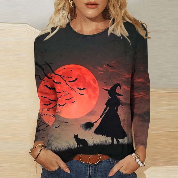 thefmos Women's Round Neck Halloween Print Top Long Sleeve Solid Color Casual Pullover Fashion Fall Winter Outfit, Multicolor 3XL