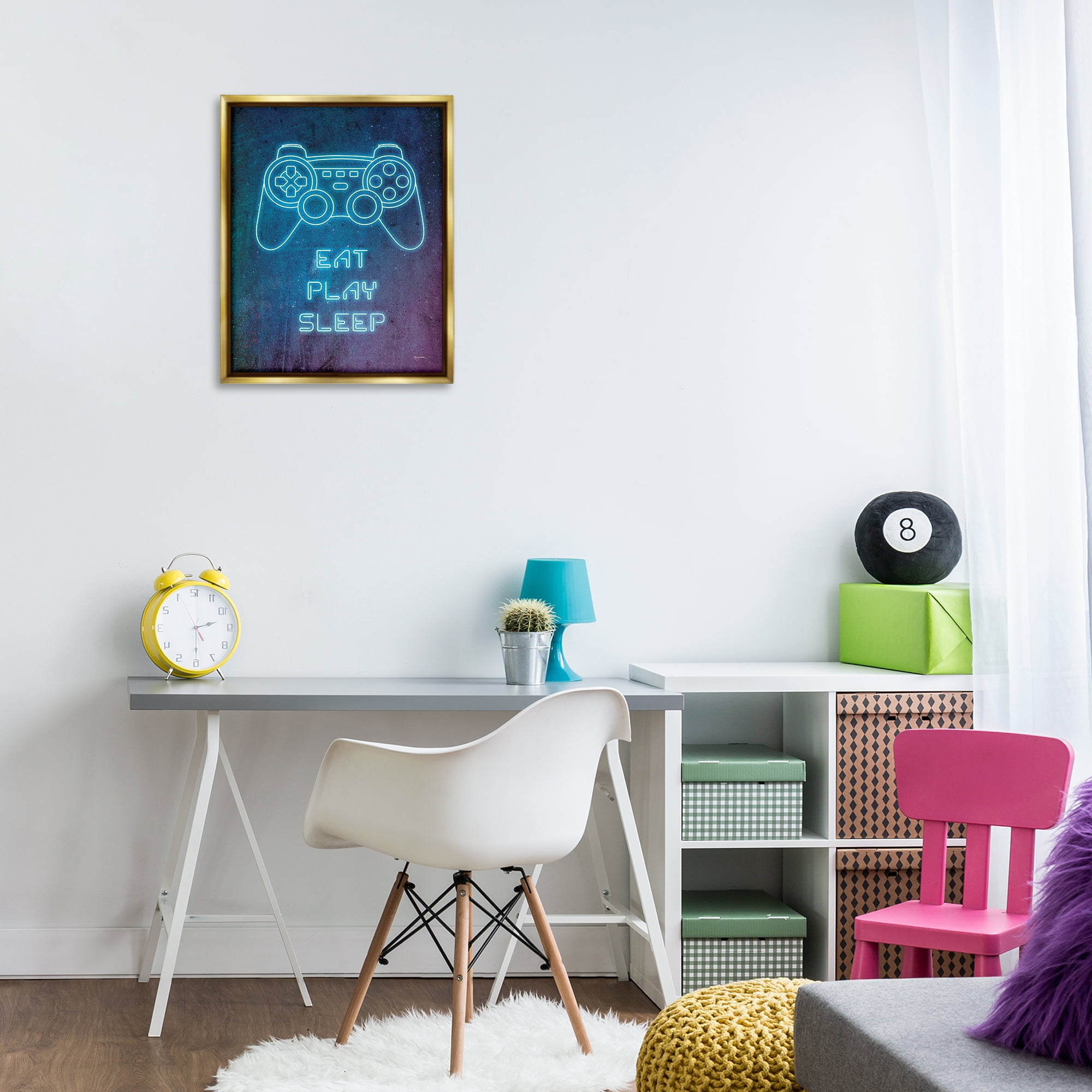 Stupell Industries Eat Play Sleep Neon Typography Painting Gold Floater Framed Art Print Wall Art, 17 x 21