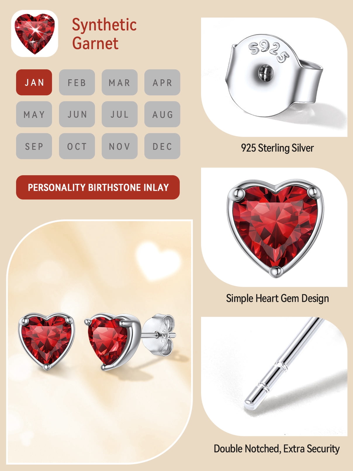 FaithHeart January Birthstone Heart Stud Earrings for Women 925 Sterling Silver Red Earrings Daughter Birthday Christmas Hypoallergenic Jewelry with Gift Box