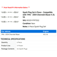 thumbnail image 2 of Spark Plug Set 6 Piece - Compatible with 1996 - 2004 Chevy Blazer 4.3L V6 1997 1998 1999 2000 2001 2002 2003, 2 of 2