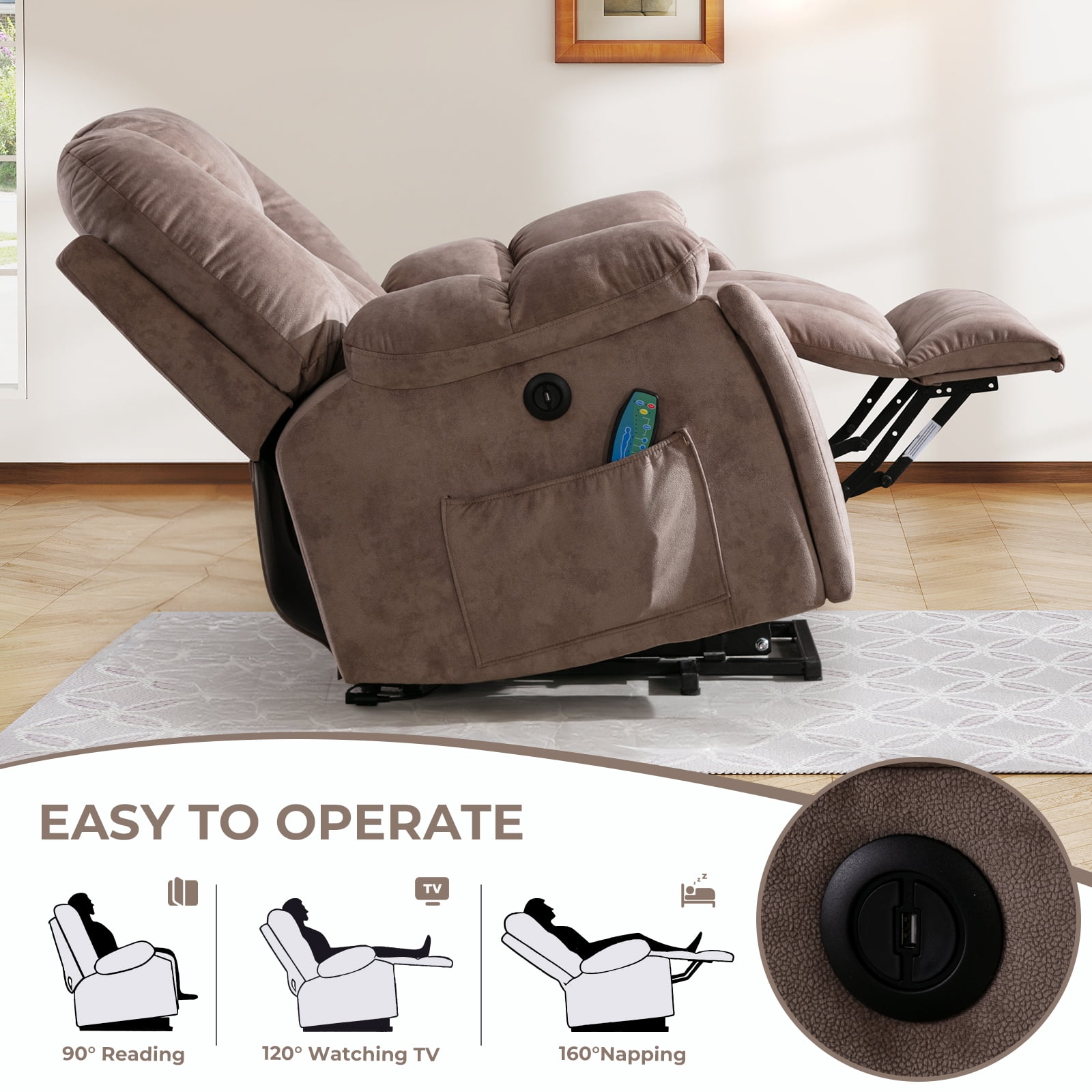 Ebello Large Power Lift Recliner Chair with Heat Massage, USB Ports - Ergonomic Recliner Chair for Elderly, Light Brown