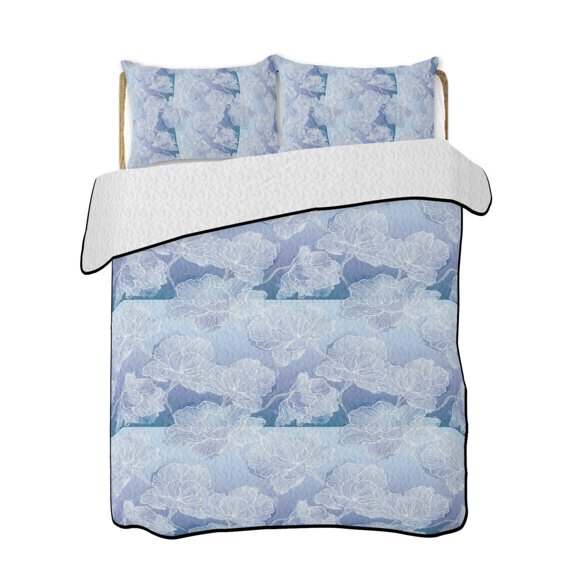 Quilt King Size Bedding Set, Blue Ombre Floral Reversible Summer Quilt 3 Pieces, Sky Classic Minimalist Lightweight Bedspreads Coverlets with 2 Pillow Shams for All Seasons