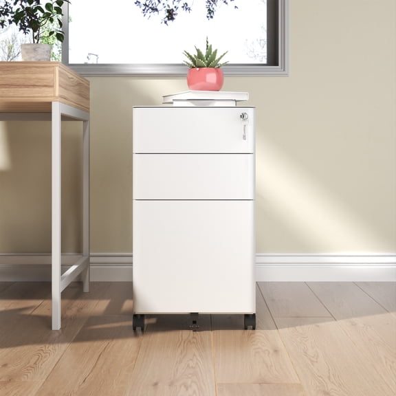 3-Drawer Mobile File Cabinet Narrow Metal Storage Cabinet on Wheels with Lock Two Shallow One Deep Drawer for Office & Home Fully Assembled, White, 110lbs/Drawer, Anti-Tip Design