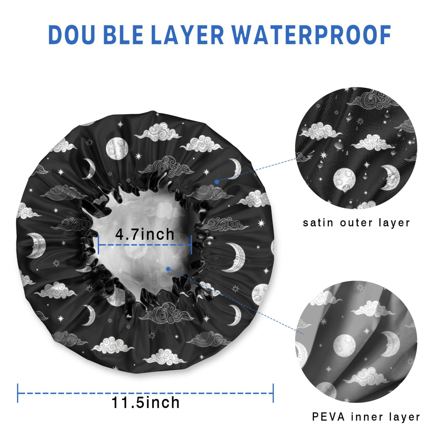 Shower Caps,Black White Cloud Moon Star Pattern Waterproof Shower Cap for Women 4 Pieces,Double Reusable Hair Cover for Shower PEVA Elastic Stretch Hem