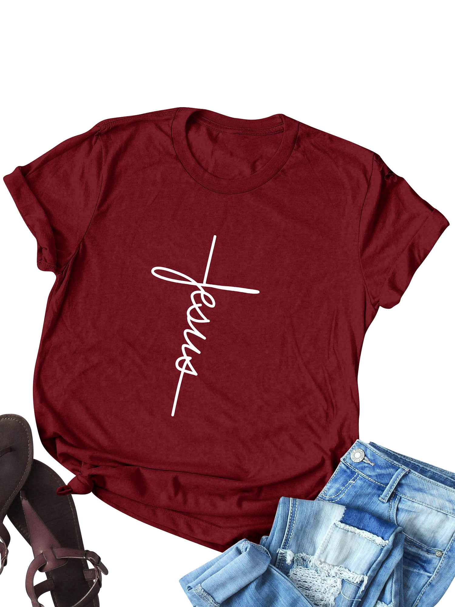 Tee-Shirt Chrétien à Manches Courtes Imprimé Lettre Jésus pour Femmes